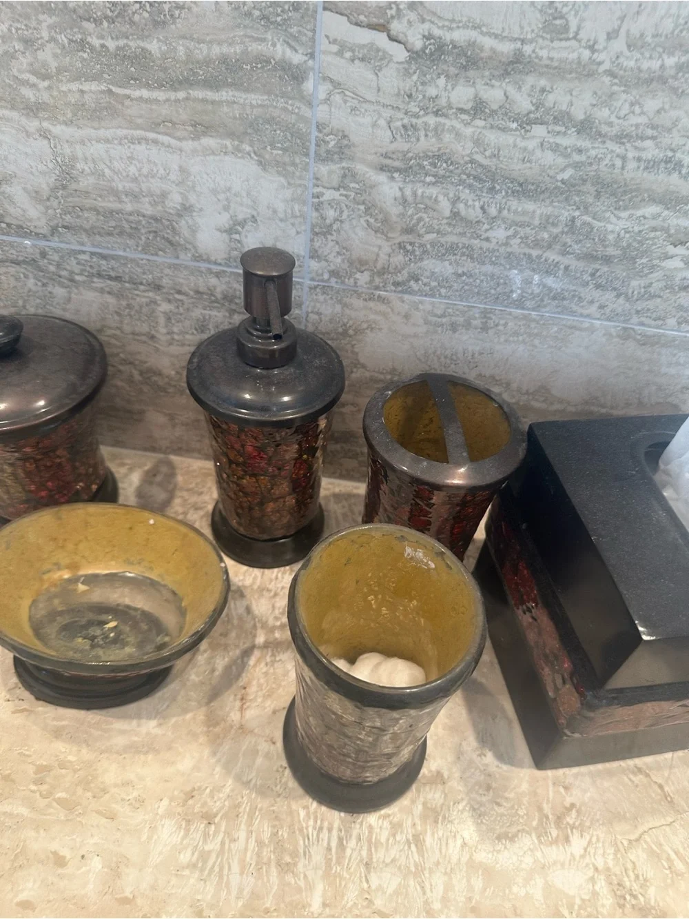 Decorative Yellow and Red Mosaic Bathroom Accessory Set Lot of 6 items